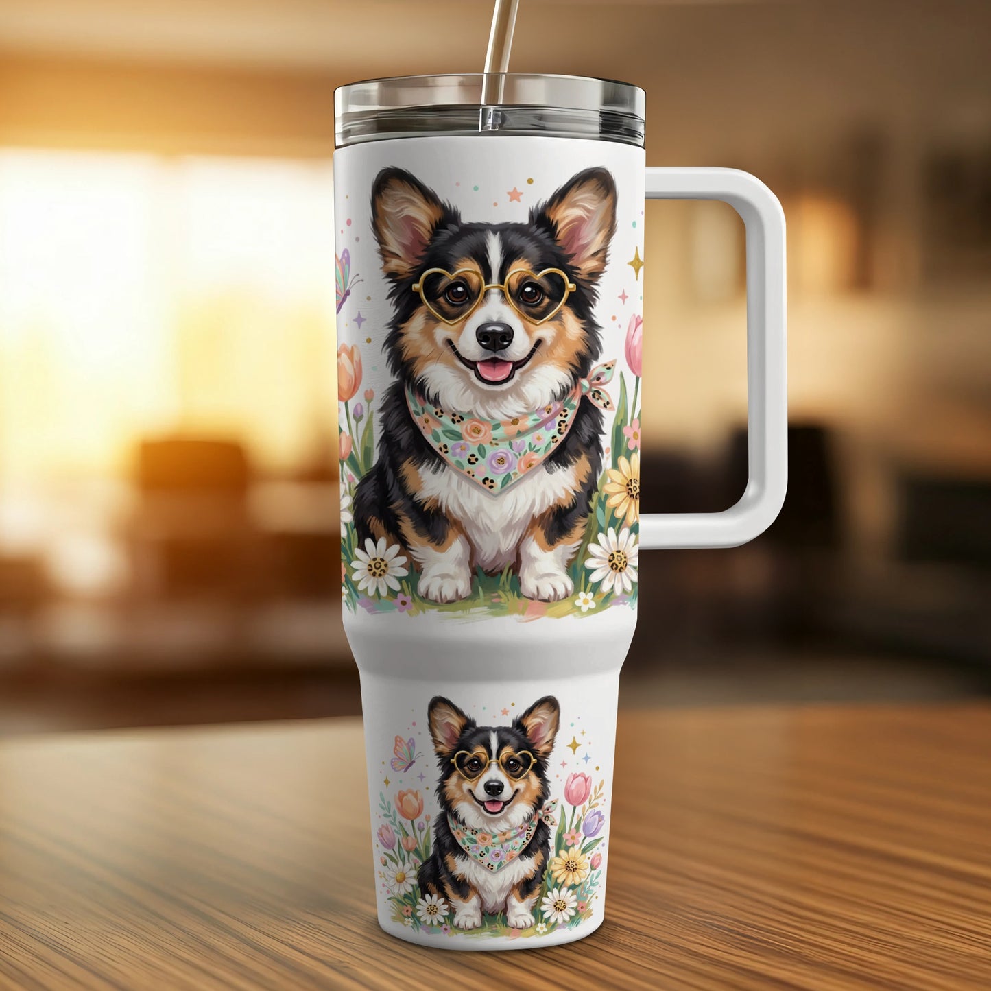 White tumbler with Corgi wearing heart sunglasses and floral bandana.