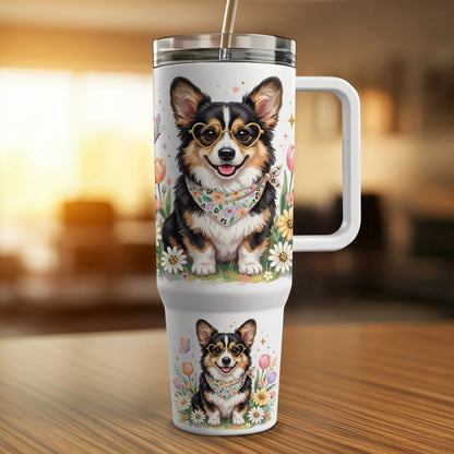 White tumbler with Corgi wearing heart sunglasses and floral bandana.