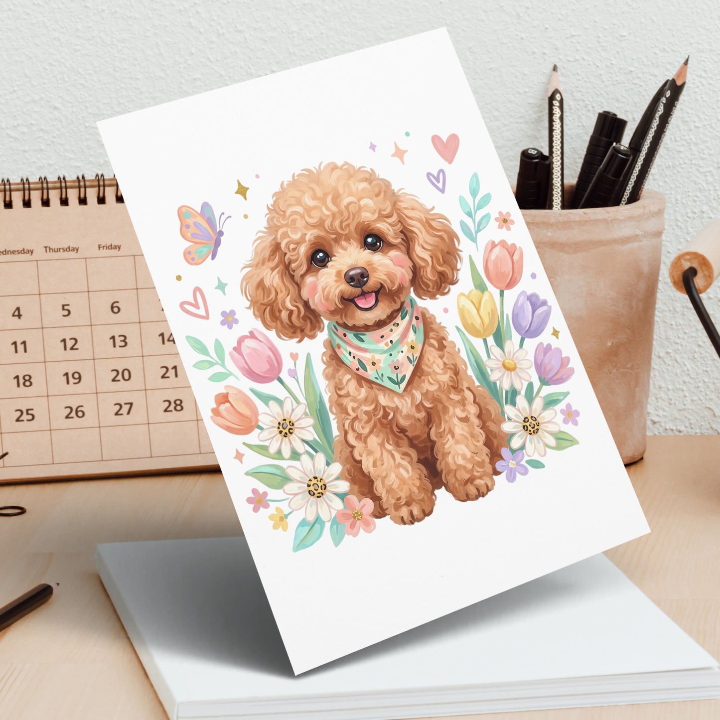 Brown poodle with floral bandana surrounded by colorful flowers and butterflies.