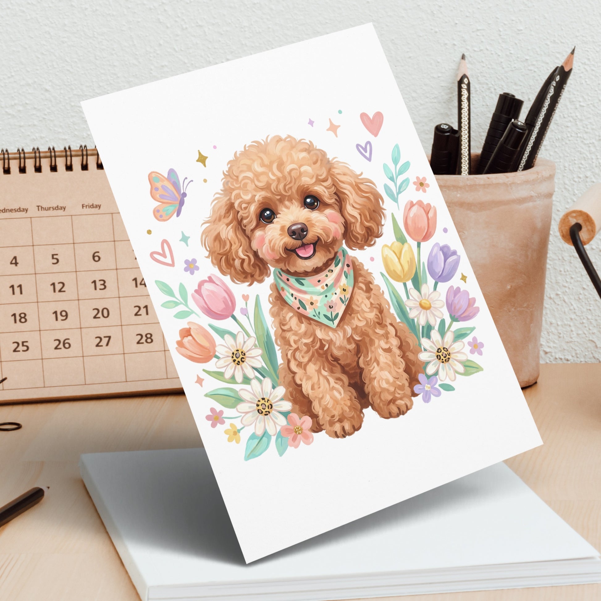 Brown poodle with floral bandana surrounded by colorful flowers and butterflies.