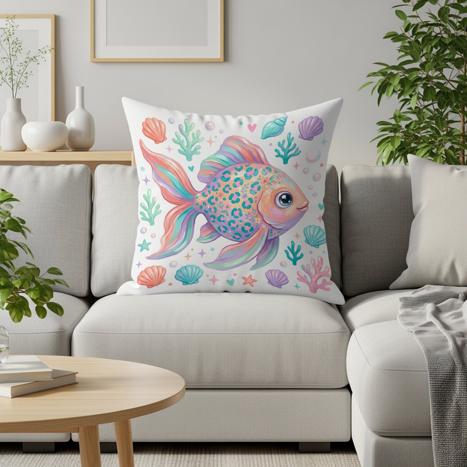 Colorful fish on a pillow with seashells and coral patterns.