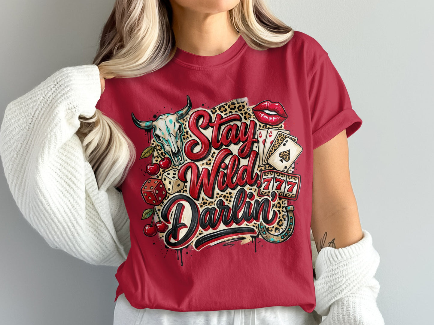 Red t-shirt with "Stay Wild Darlin" text and graphic elements.