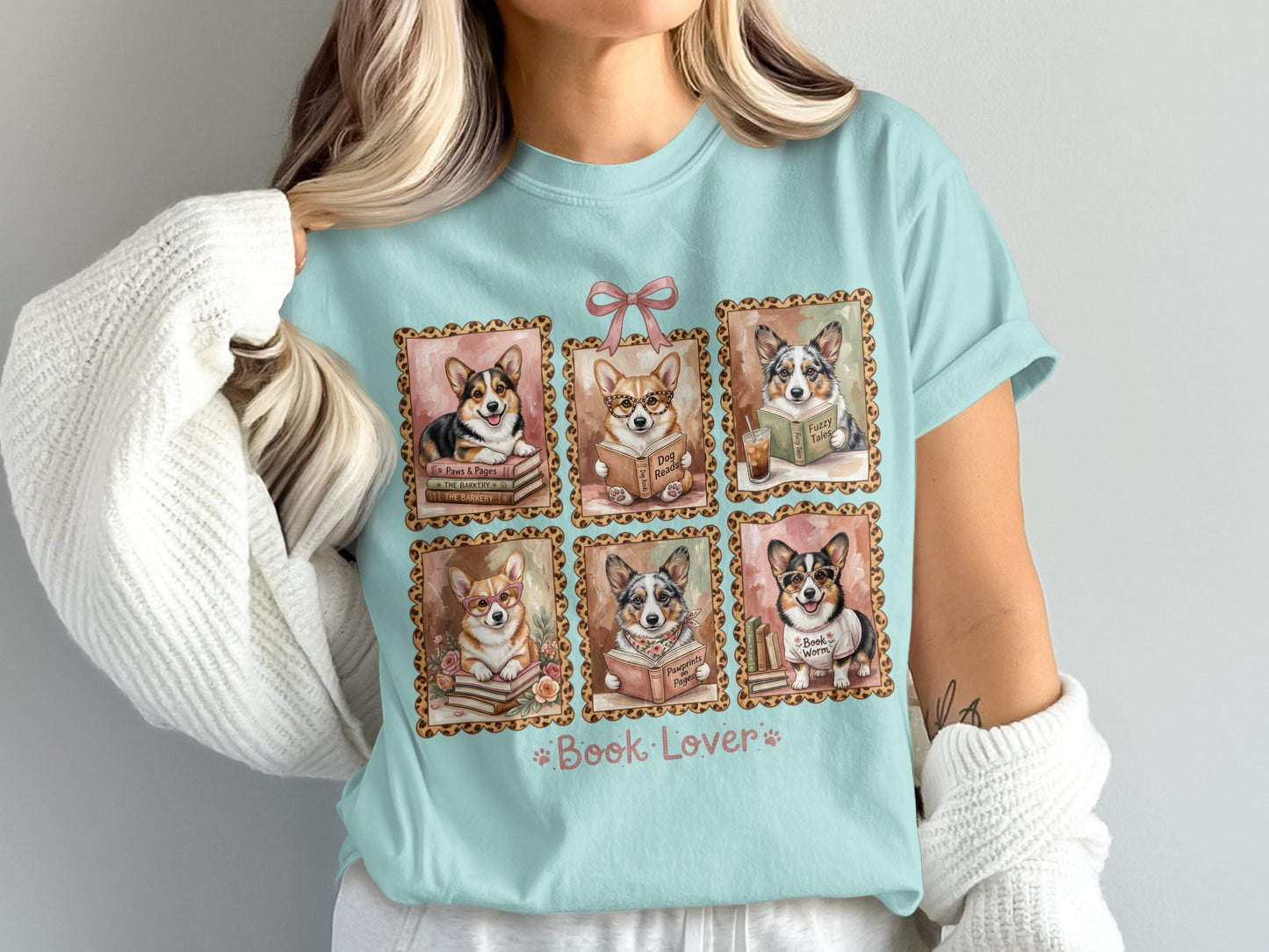 Six framed corgis reading books, "Book Lover" text below.
