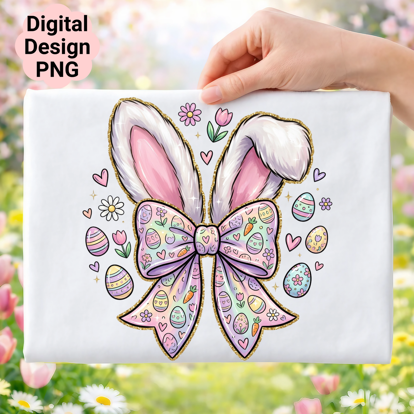 Easter bunny ears and decorated eggs on a pastel bow.