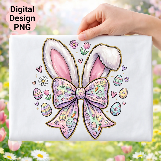 Easter bunny ears and decorated eggs on a pastel bow.
