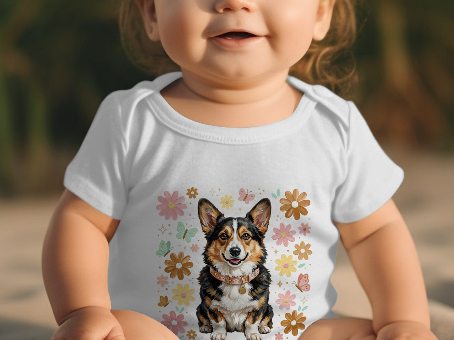Baby wearing white bodysuit with corgi and floral print.
