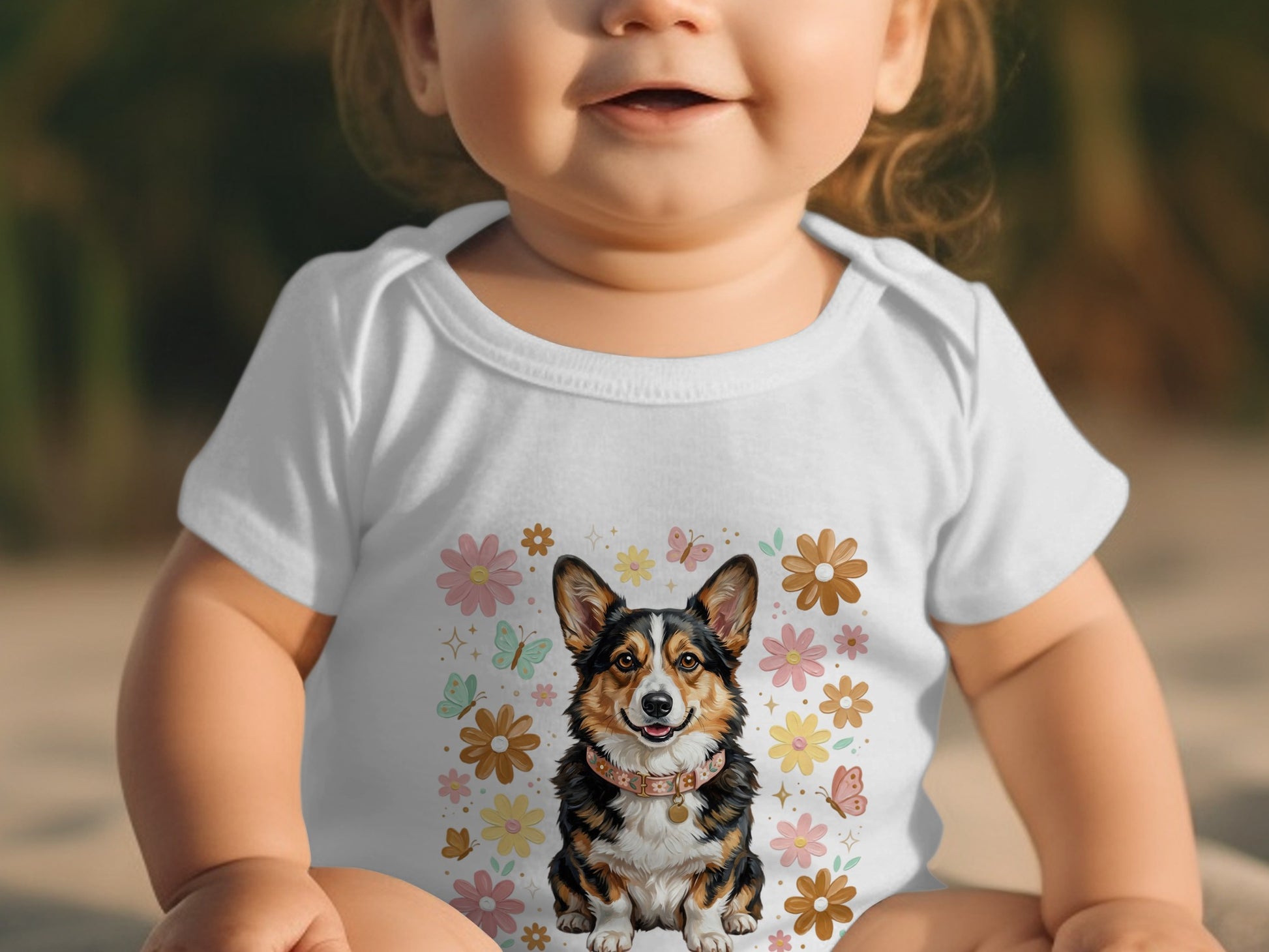 Baby wearing white bodysuit with corgi and floral print.