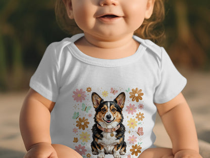 Baby wearing white bodysuit with corgi and floral print.