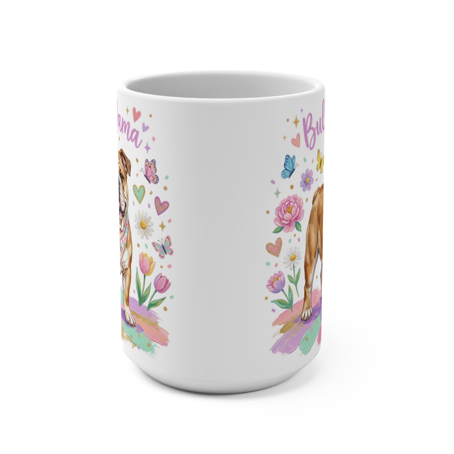 White mug with a bulldog and colorful flowers and butterflies.