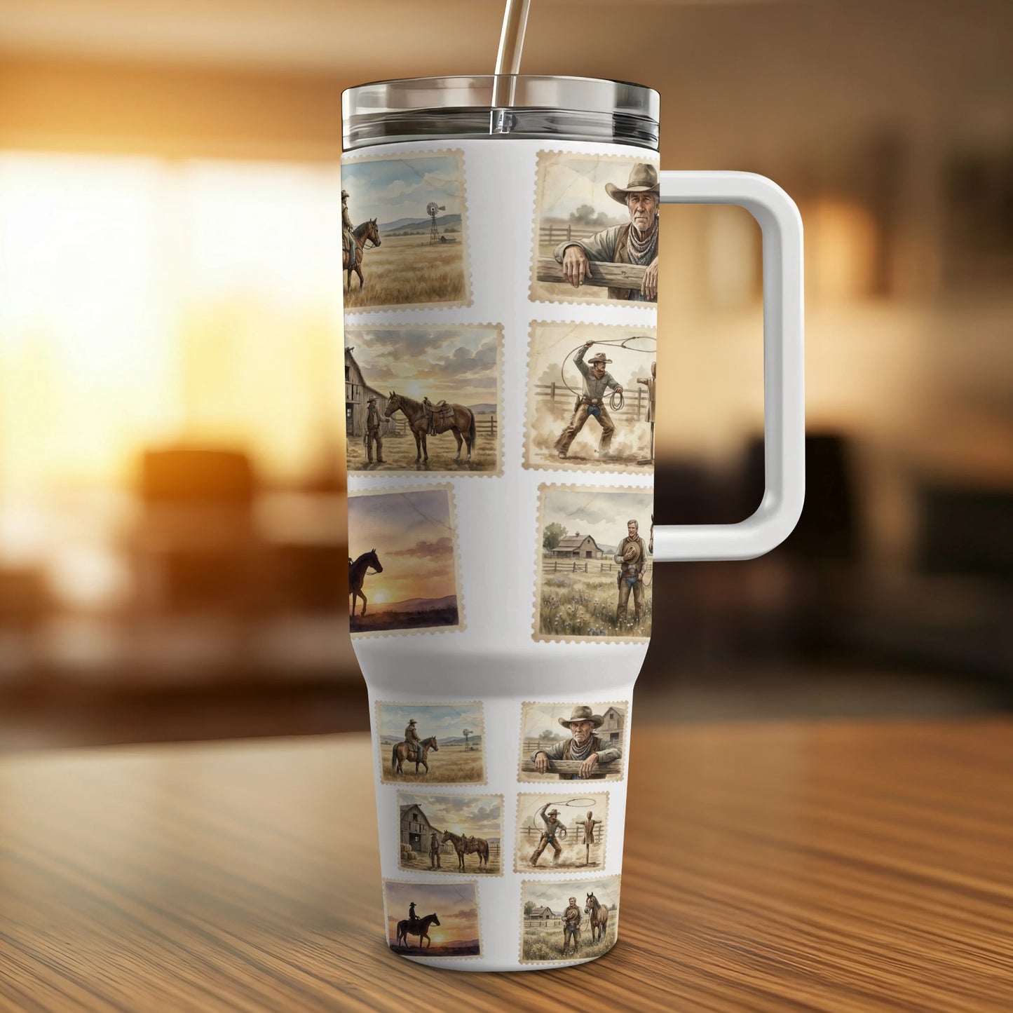 White tumbler with repeating cowboy and horse postage stamp illustrations.