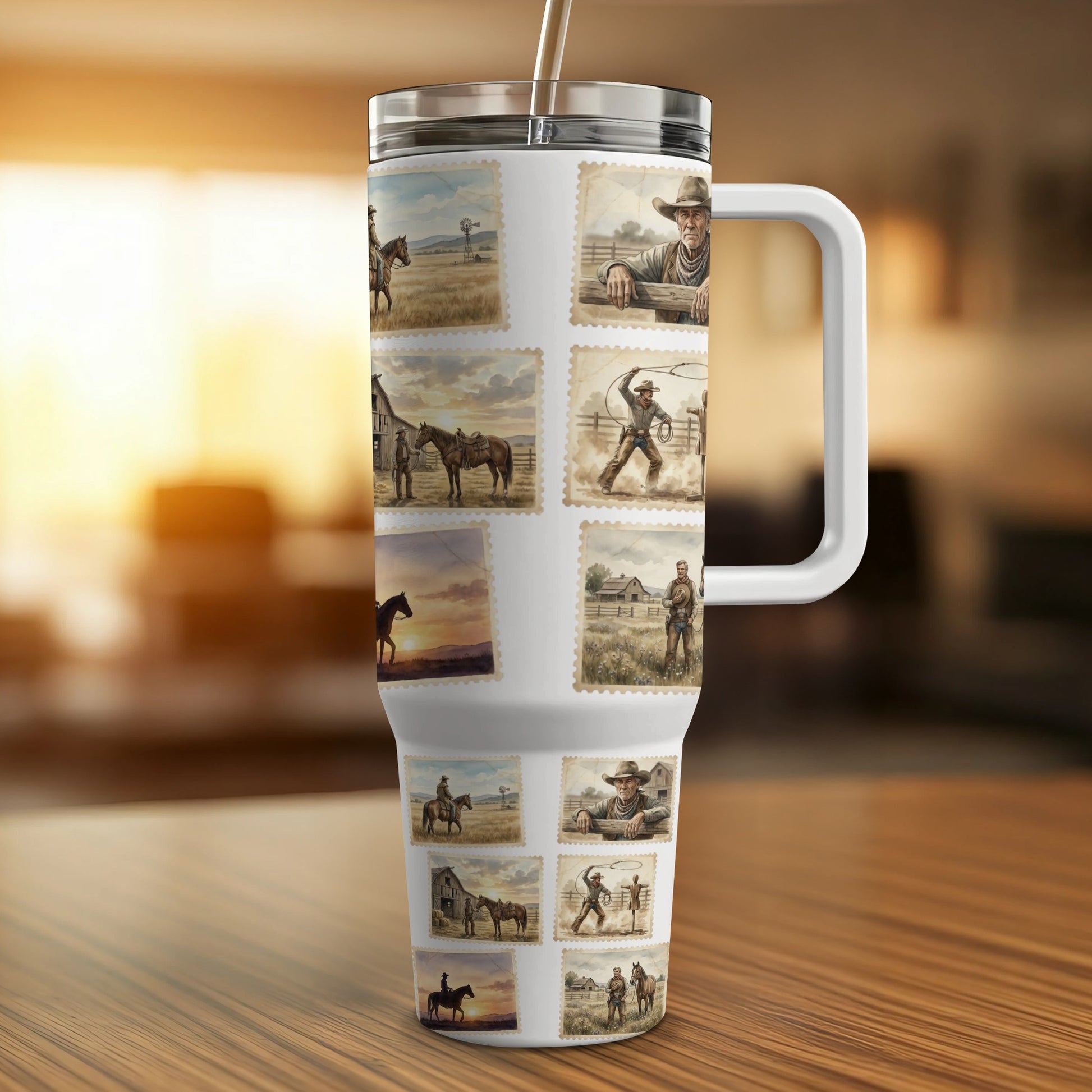 White tumbler with repeating cowboy and horse postage stamp illustrations.