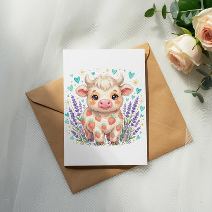 Illustration of a smiling cartoon cow with strawberries and lavender.
