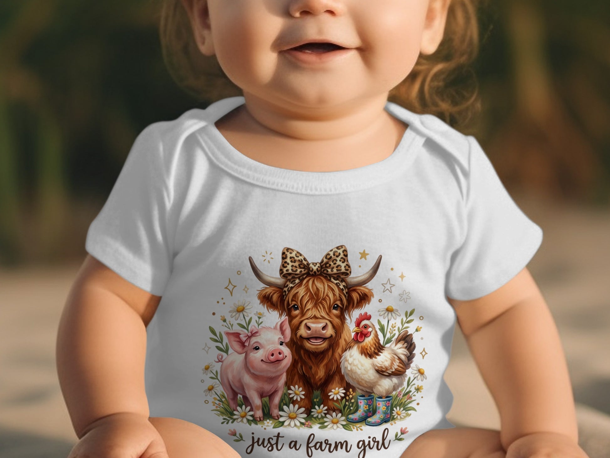 Baby wearing white onesie with farm animals: pig, cow, chicken, and bow.
