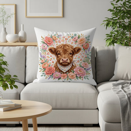 Brown cow face with floral border on decorative throw pillow.