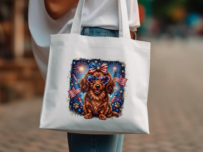 Dachshund wearing sunglasses with American flag detail on a tote bag.