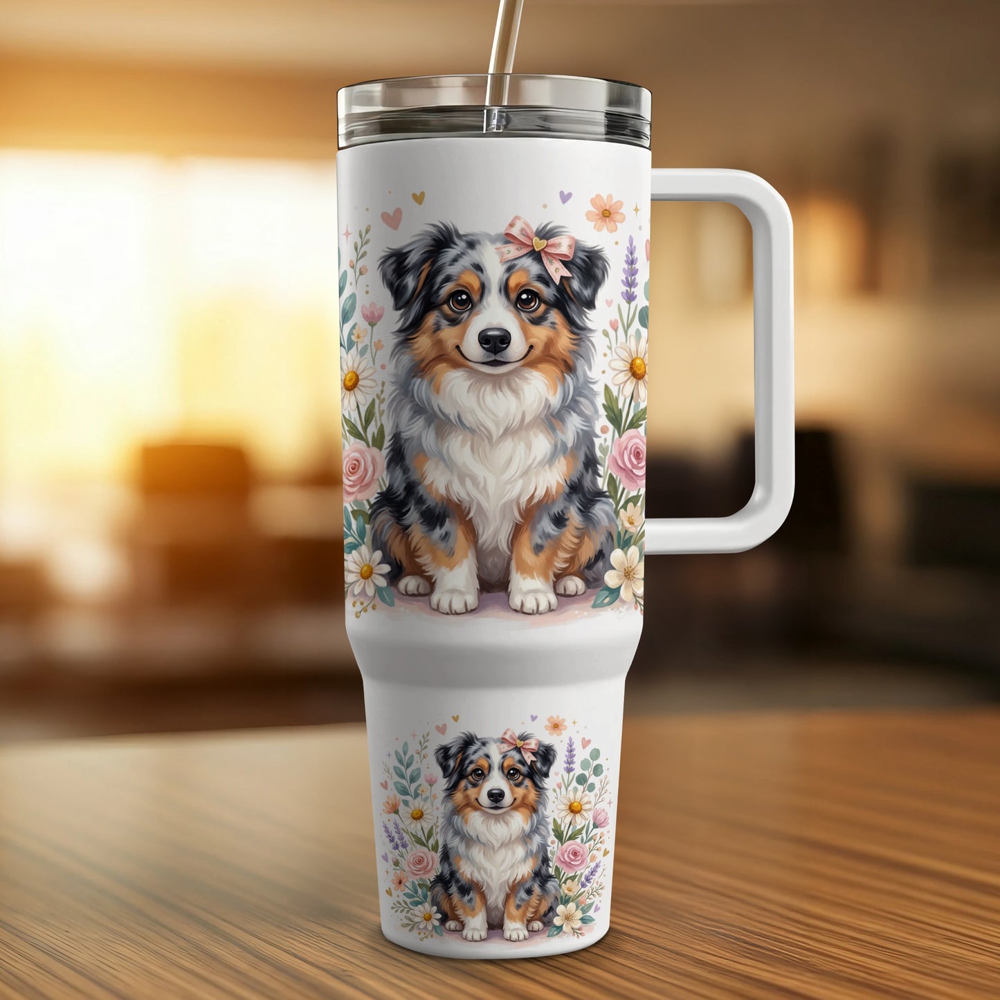 White tumbler with Australian Shepherd dog and floral design.