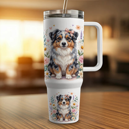 White tumbler with Australian Shepherd dog and floral design.