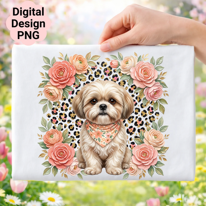 Shih Tzu dog in floral wreath with leopard print background.