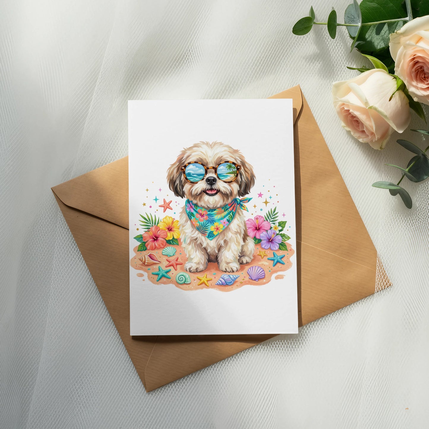 Shih Tzu wearing sunglasses and a bandana on a beach-themed card.