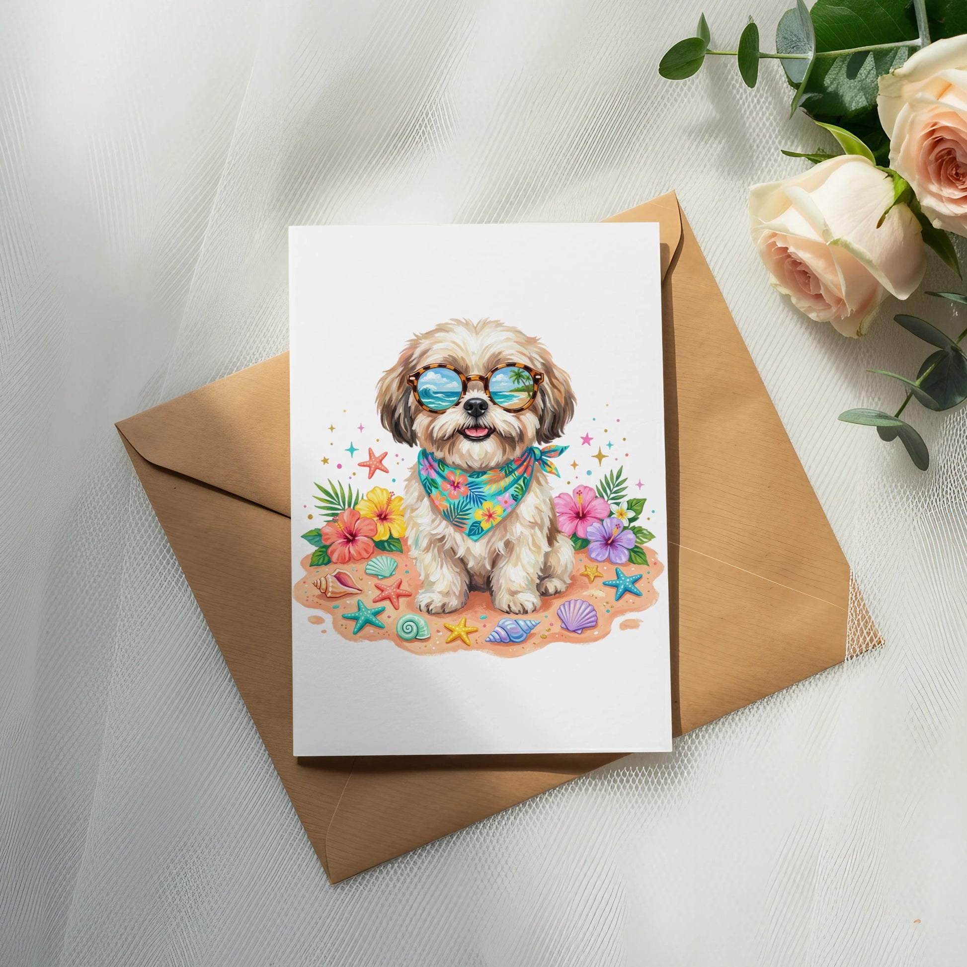 Shih Tzu wearing sunglasses and a bandana on a beach-themed card.