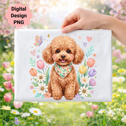Poodle with bandana surrounded by flowers and butterflies.