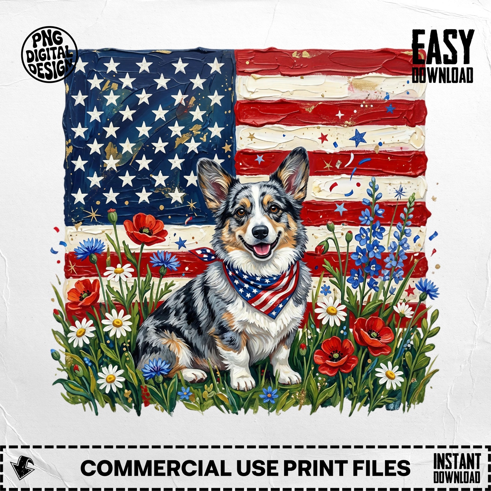 Corgi wearing a bandana in front of an American flag, with poppies and daisies.
