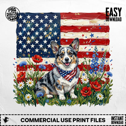 Corgi wearing a bandana in front of an American flag, with poppies and daisies.