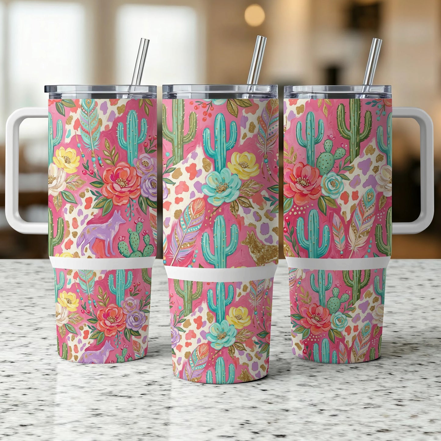 Three patterned tumblers with a whimsical desert motif featuring cacti and flowers.