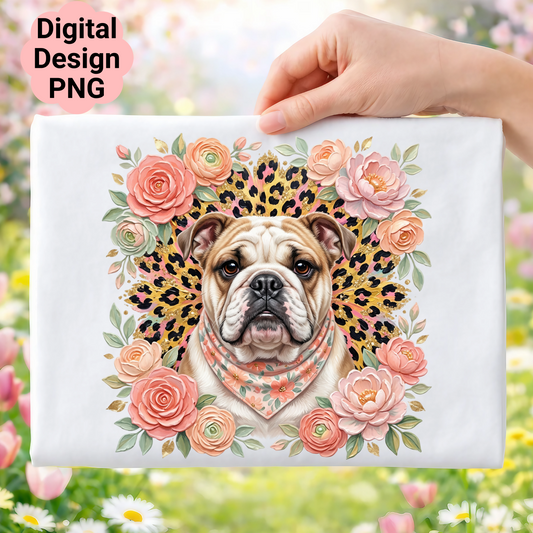 Bulldog wearing bandana surrounded by roses and leopard print.