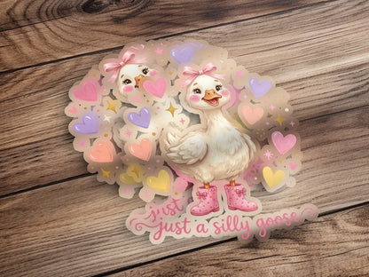Sticker of a cartoon goose wearing pink boots surrounded by hearts.