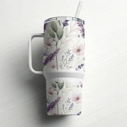 White tumbler with handle and straw, decorated with a floral and lavender pattern.