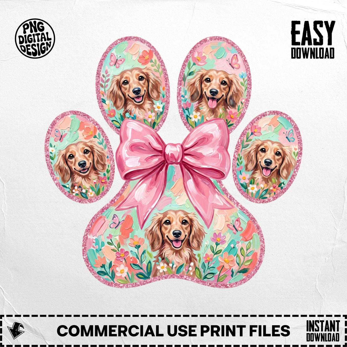 Dog paw print with five watercolor dog portraits and a pink bow.