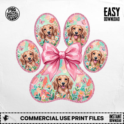 Dog paw print with five watercolor dog portraits and a pink bow.
