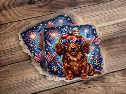 Dachshund wearing heart-shaped sunglasses and a patriotic bow, surrounded by fireworks.