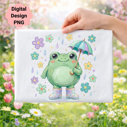 Frog with umbrella and flowers, digital design PNG.