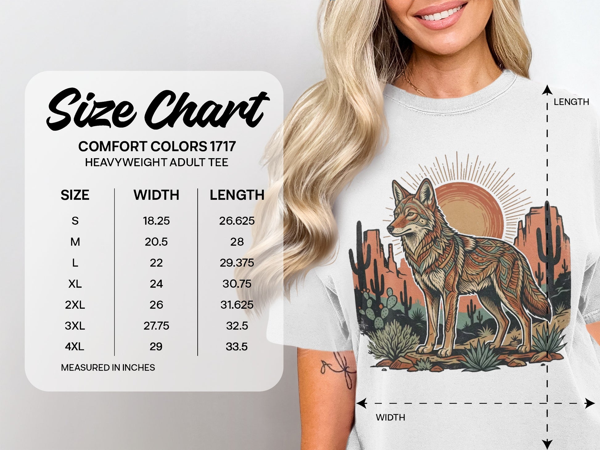 Size chart for Comfort Colors heavyweight adult tee with measurements in inches.