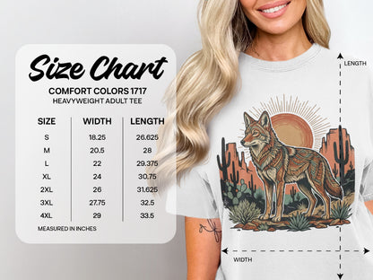 Size chart for Comfort Colors heavyweight adult tee with measurements in inches.