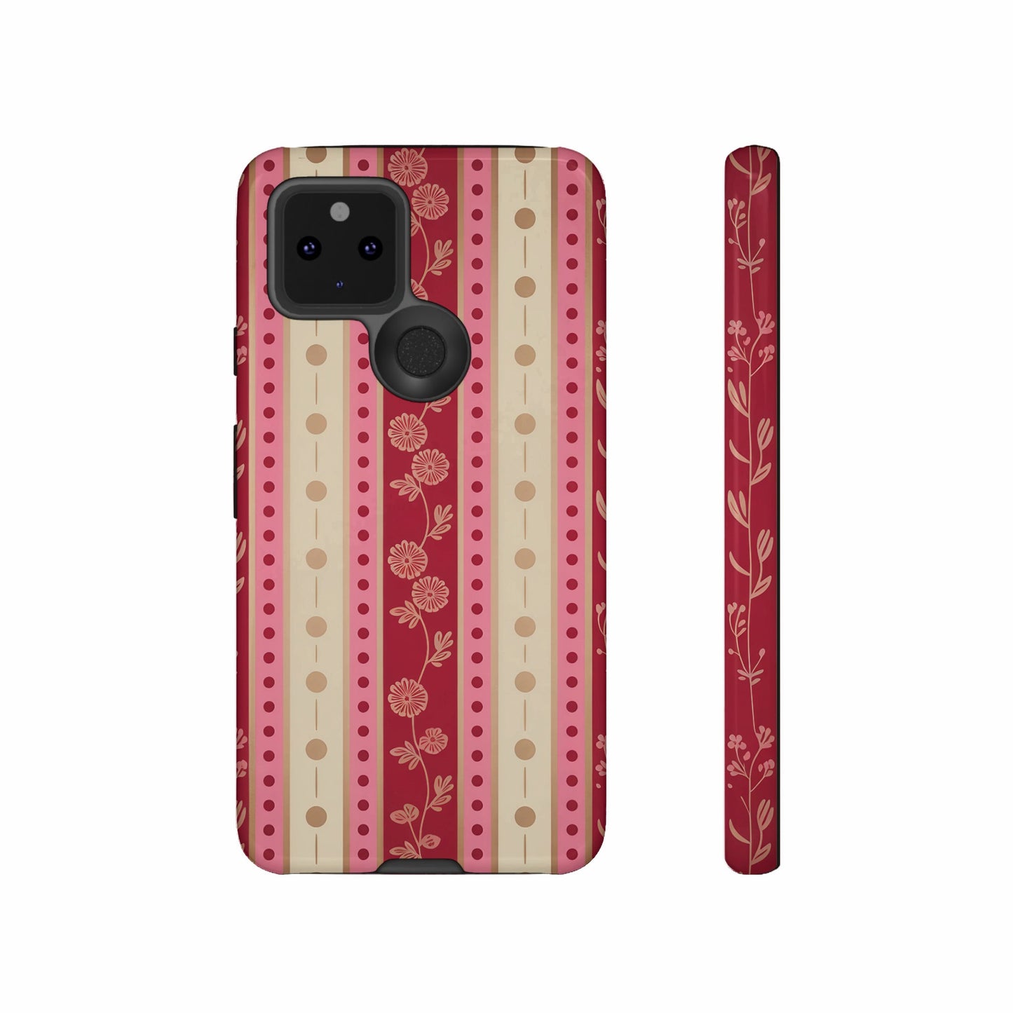 Phone case with pink, tan, and red stripes and floral pattern.