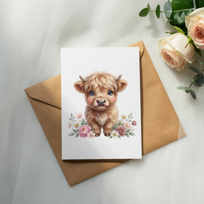 Cute fluffy Highland cow illustration on card with floral border on envelope.