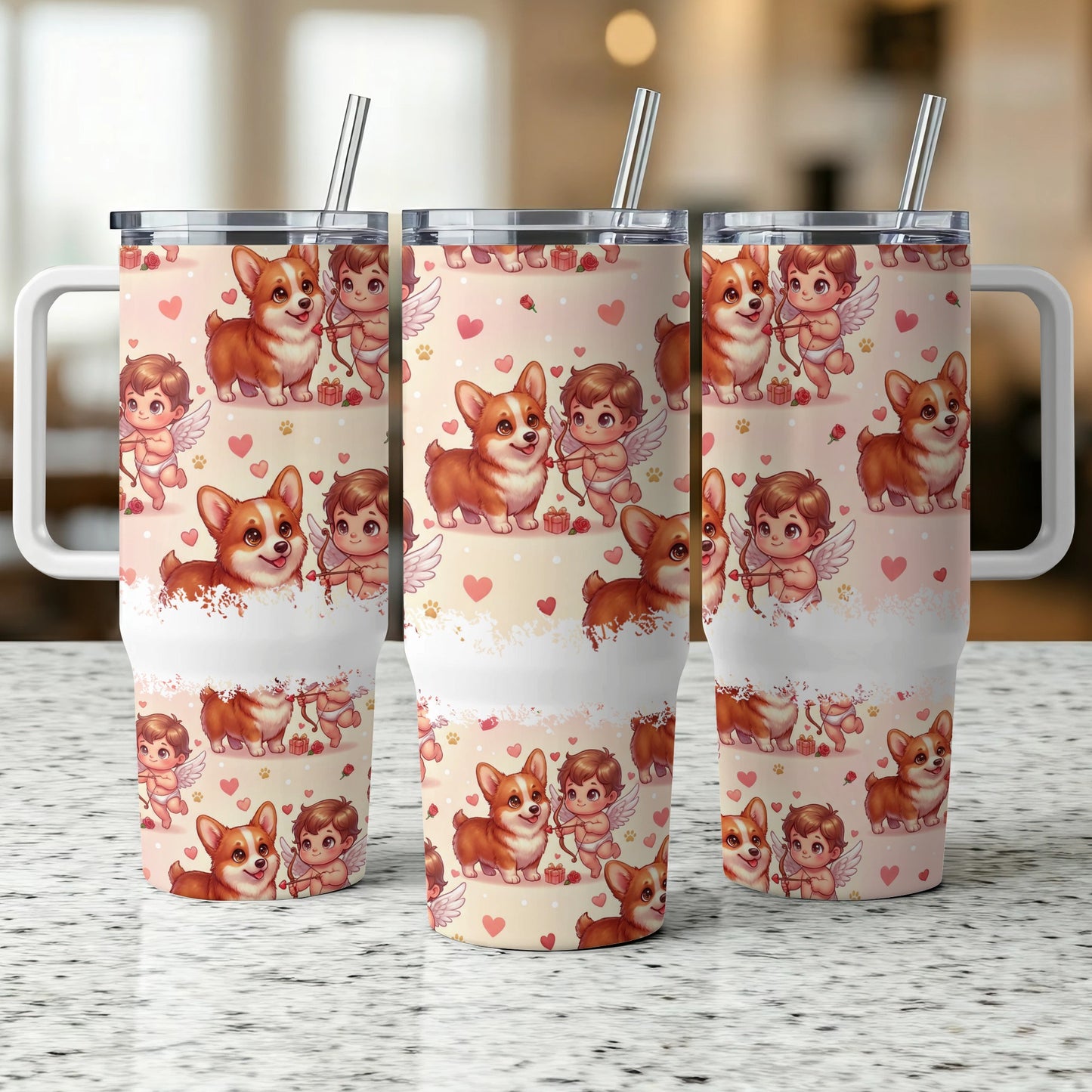 Three insulated tumblers with corgis and cupids, featuring a Valentine's Day theme.