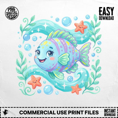 Cartoon fish swimming in water with starfish and bubbles, "Easy Download" text.