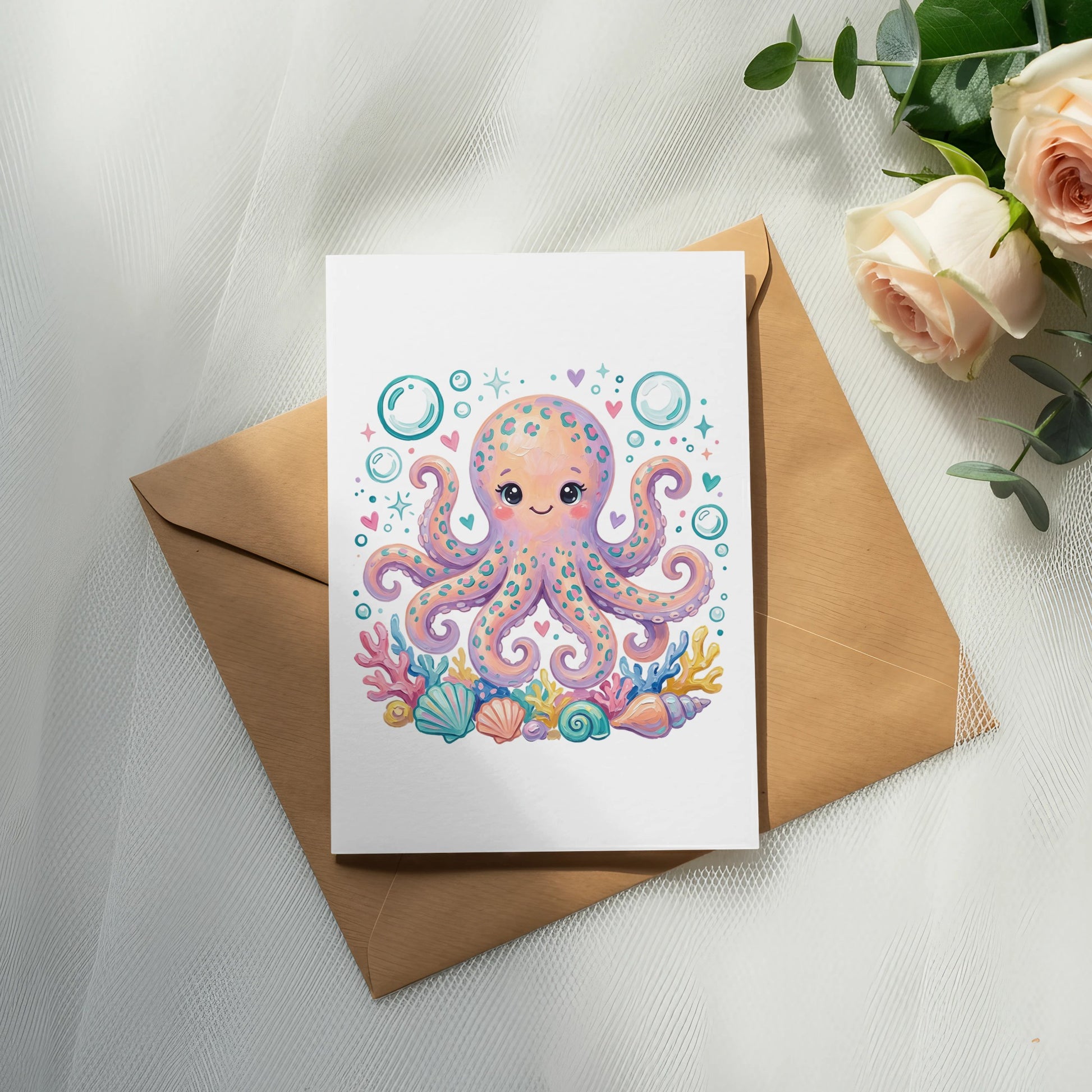 Whimsical cartoon octopus illustration on a white card with seashells and bubbles.
