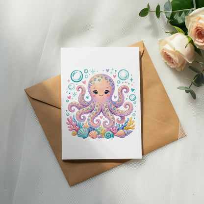 Whimsical cartoon octopus illustration on a white card with seashells and bubbles.