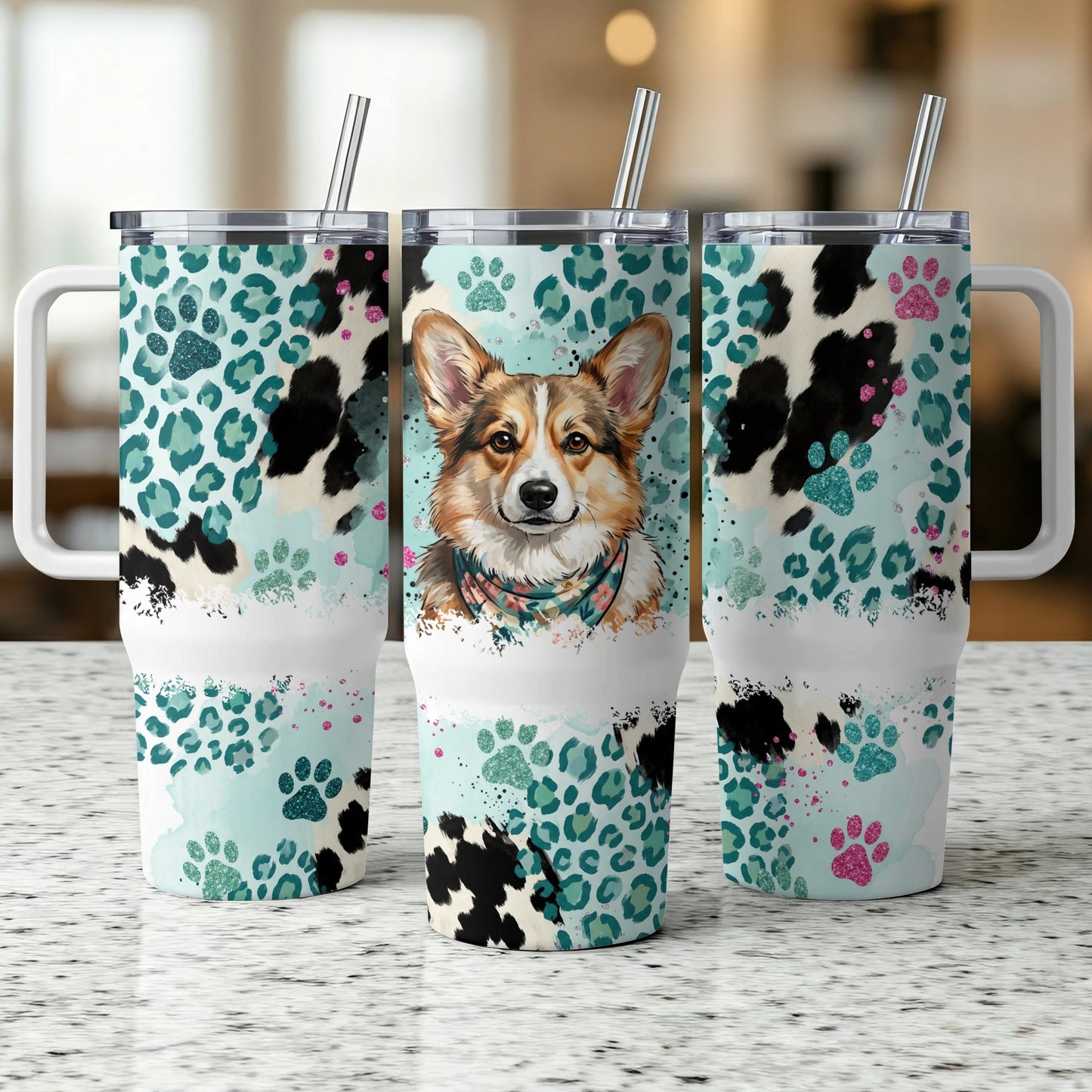 Corgi on teal leopard print tumbler with handle and straw.