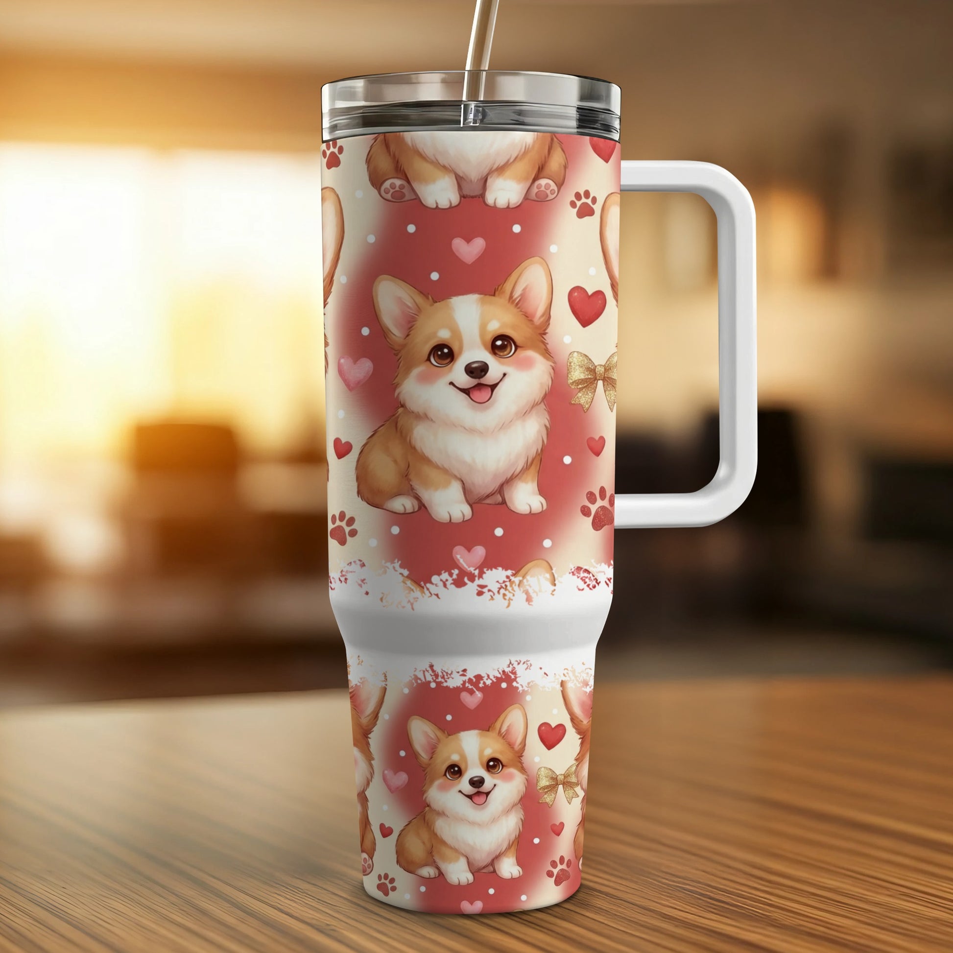 Corgy dog pattern on a white insulated travel mug with straw.