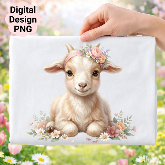 Cute baby goat with floral crown and pink bow, surrounded by flowers.