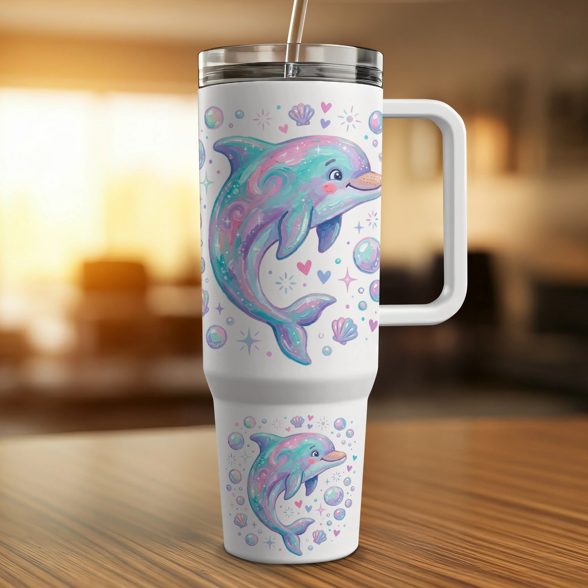 White travel mug with a smiling dolphin and bubbles illustration.
