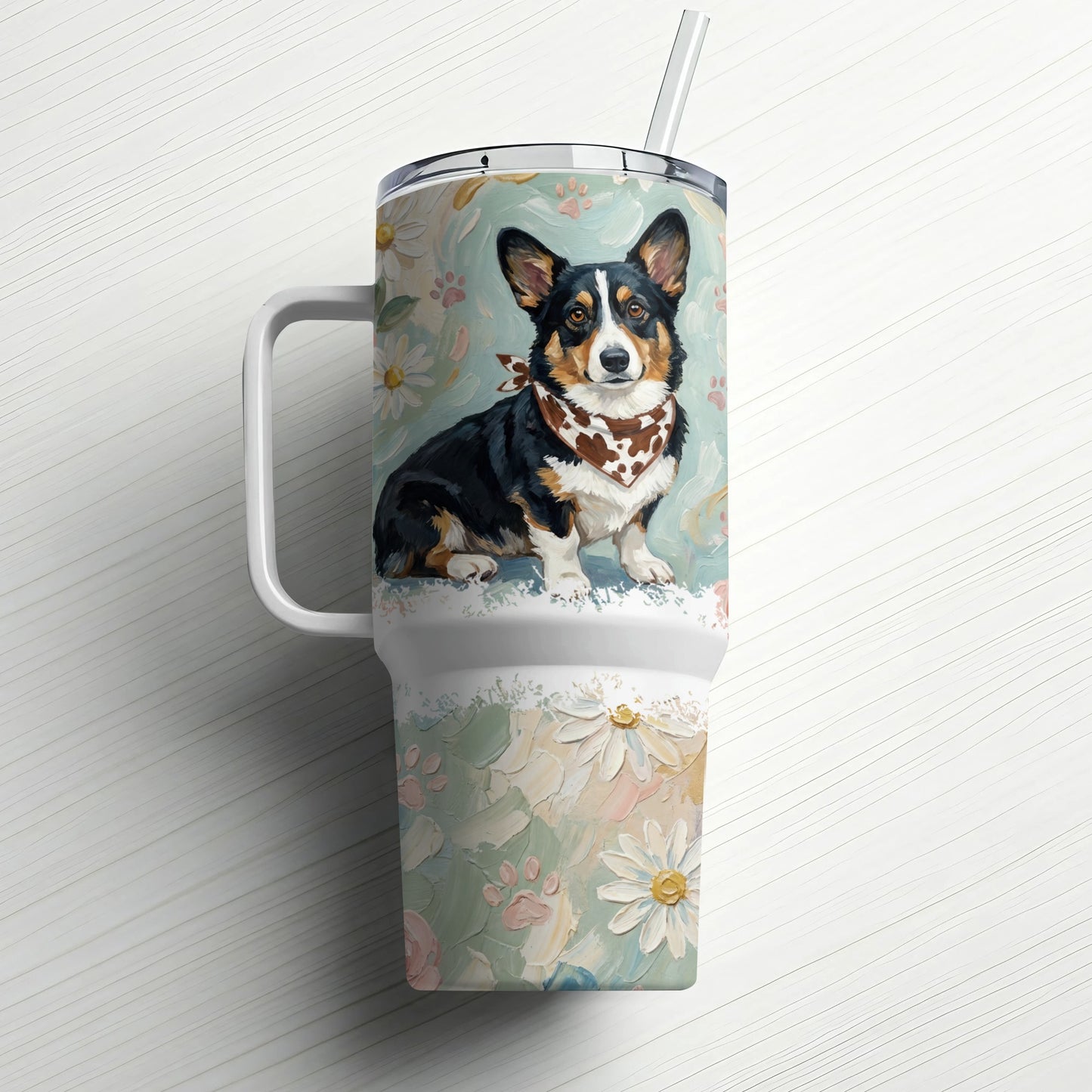 Corgi wearing a bandana on a floral patterned tumbler with a straw.