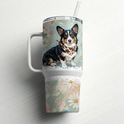 Corgi wearing a bandana on a floral patterned tumbler with a straw.