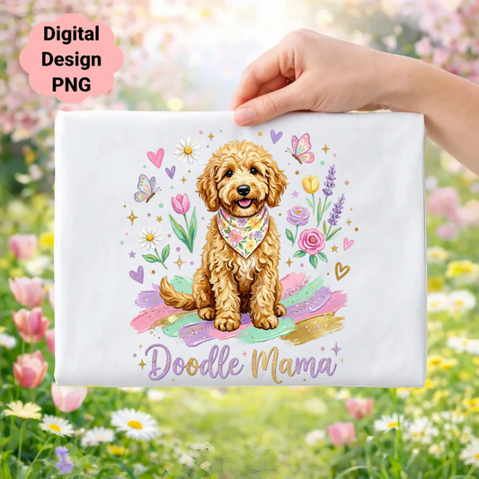 Goldendoodle puppy wearing bandana with "Doodle Mama" text and floral accents.
